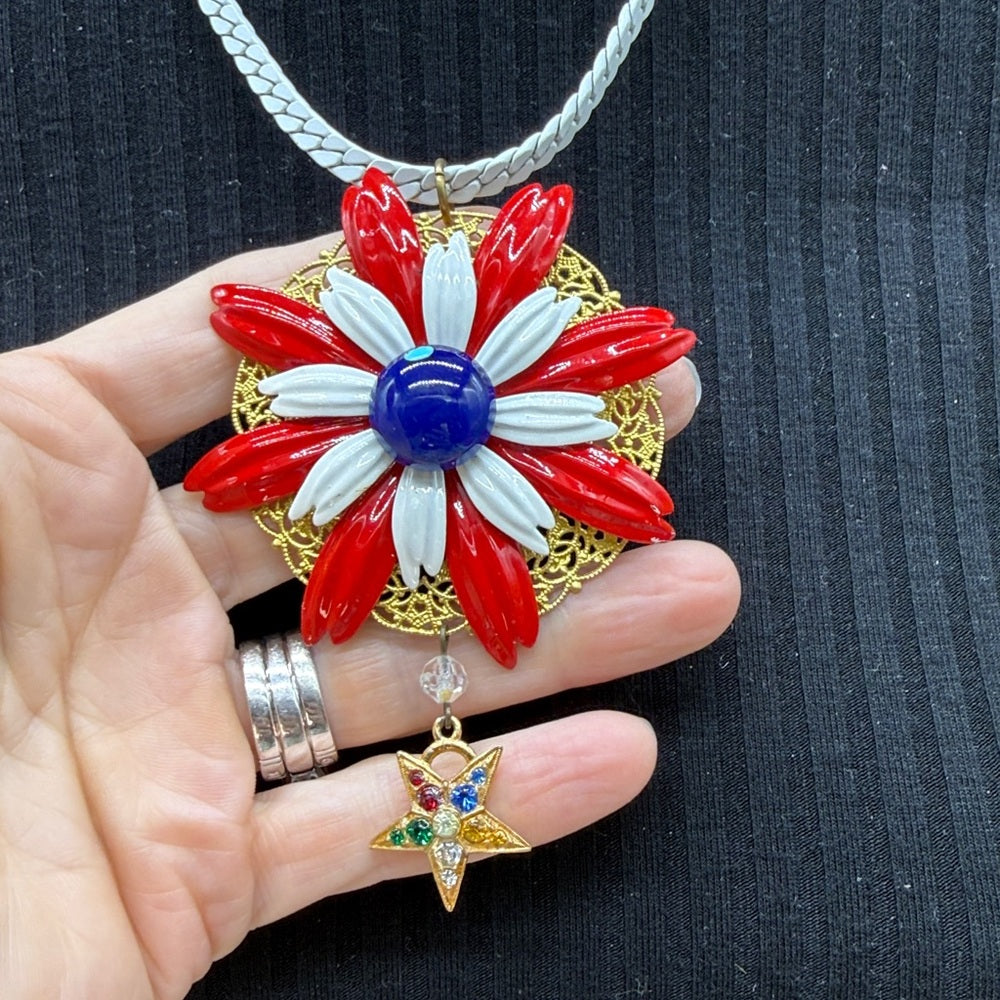 Adorned Crown Jewelry assemblage red white blue enamel flower Star necklace