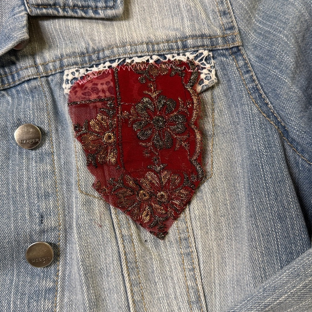 Adorned Crown Jewelry and textiles altered velvet heart denim jacket size med