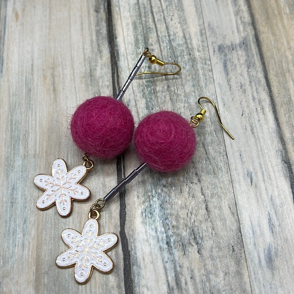 Adorned Crown Jewelry assemblage Christmas earrings pink wool ball snowflake