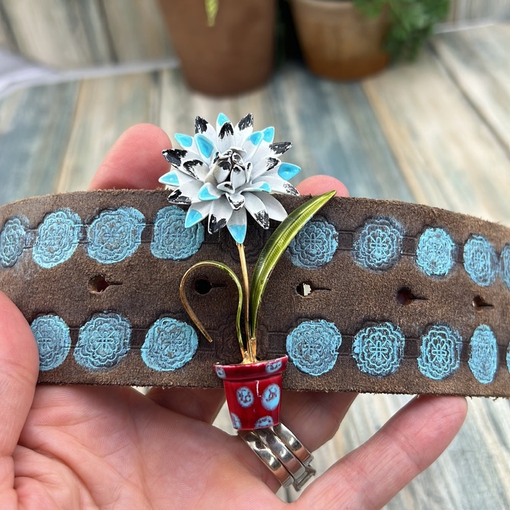Adorned Crown enamel flower blue dot artisan assemblage leather bracelet