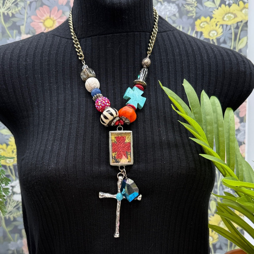 Adorned Crown Jewelry assemblage three cross bauble bead bezel necklace