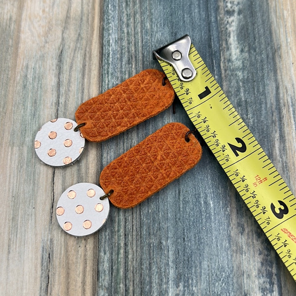 Adorned Crown Artisan leather statement lightweight earrings orange dot