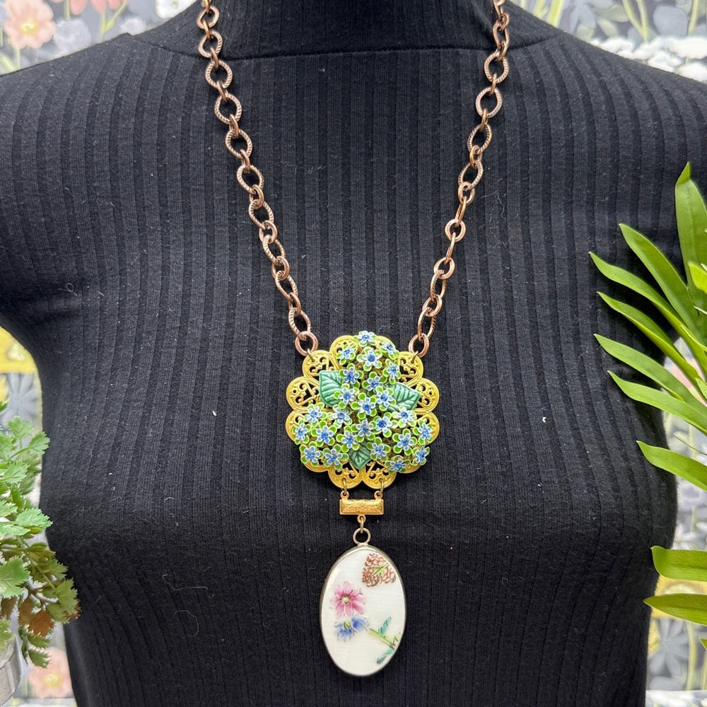 Adorned Crown Jewelry assemblage vintage blue rhinestone ceramic drop necklace