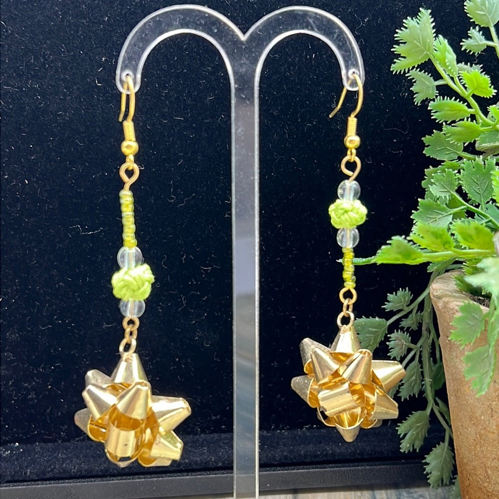 Adorned Crown Jewelry assemblage Christmas earrings gold bow green bead