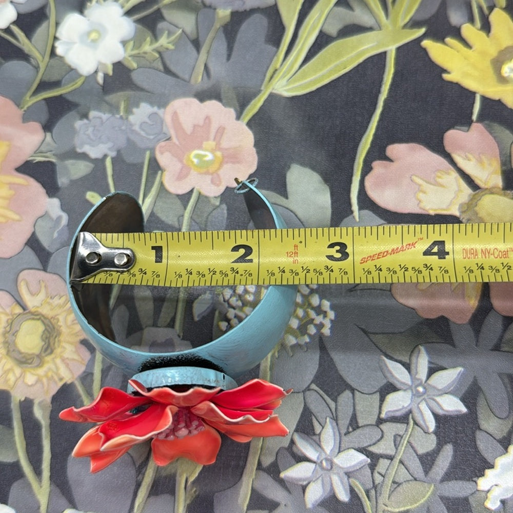 Adorned Crown Jewelry assemblage enamel salmon flower on teal cuff bracelet