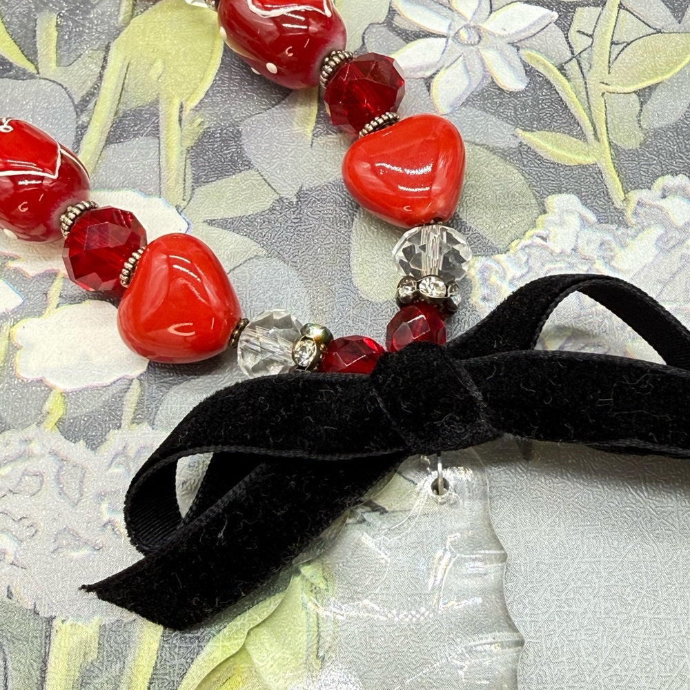 Adorned Crown Jewelry assemblage red heart bead crystal drop ribbon necklace