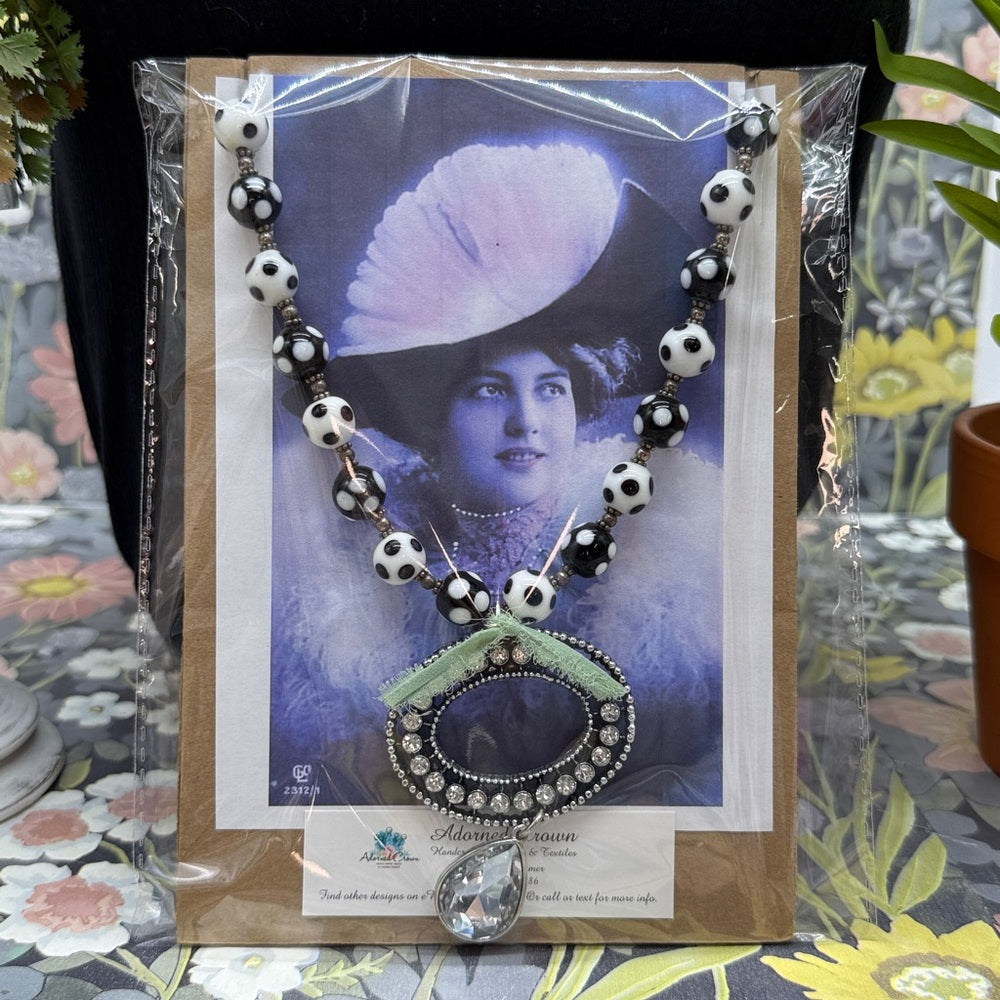 Adorned Crown Jewelry assemblage bead rhinestone pendant green ribbon necklace