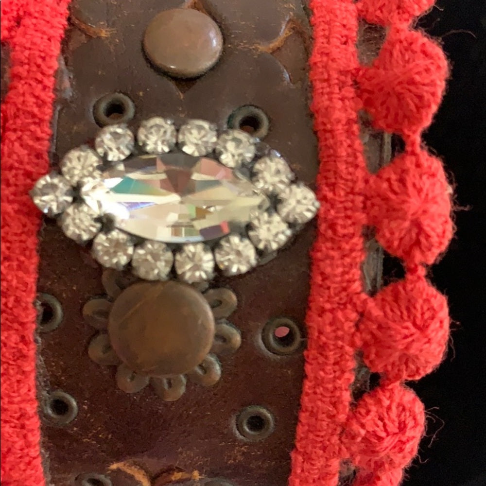 Adorned Crown artisan assemblage Vintage leather coral bling cuff bracelet