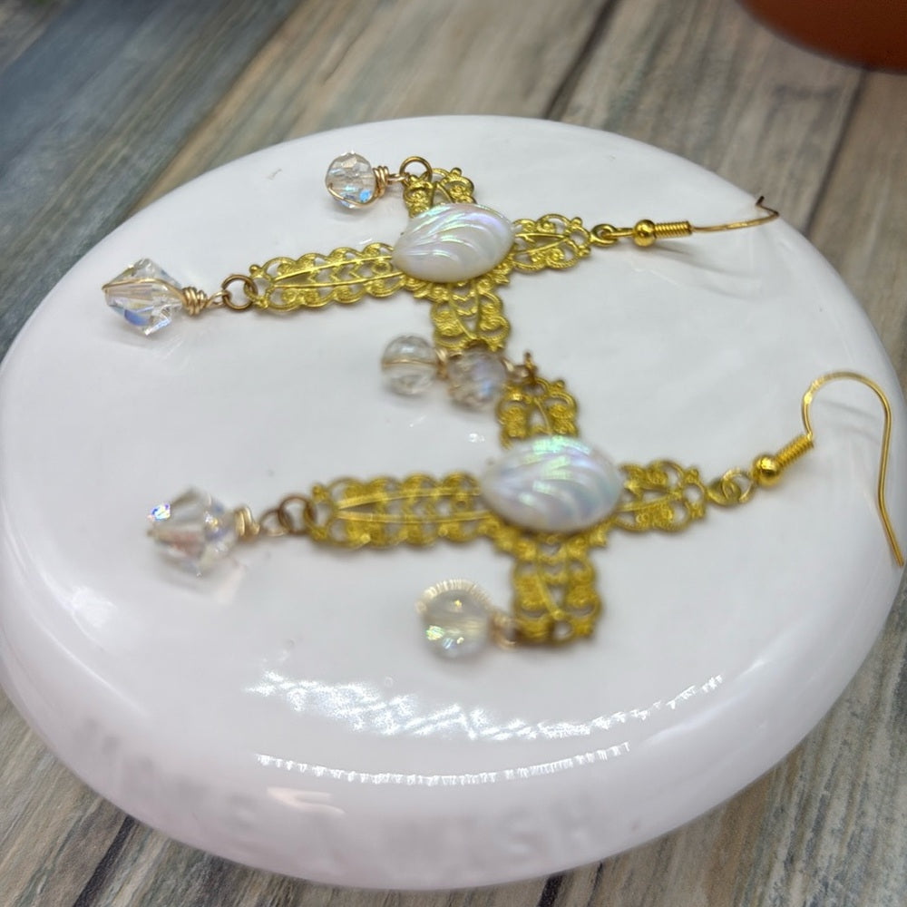 Adorned Crown Jewelry assemblage filigree cross with Czech glass and crystals