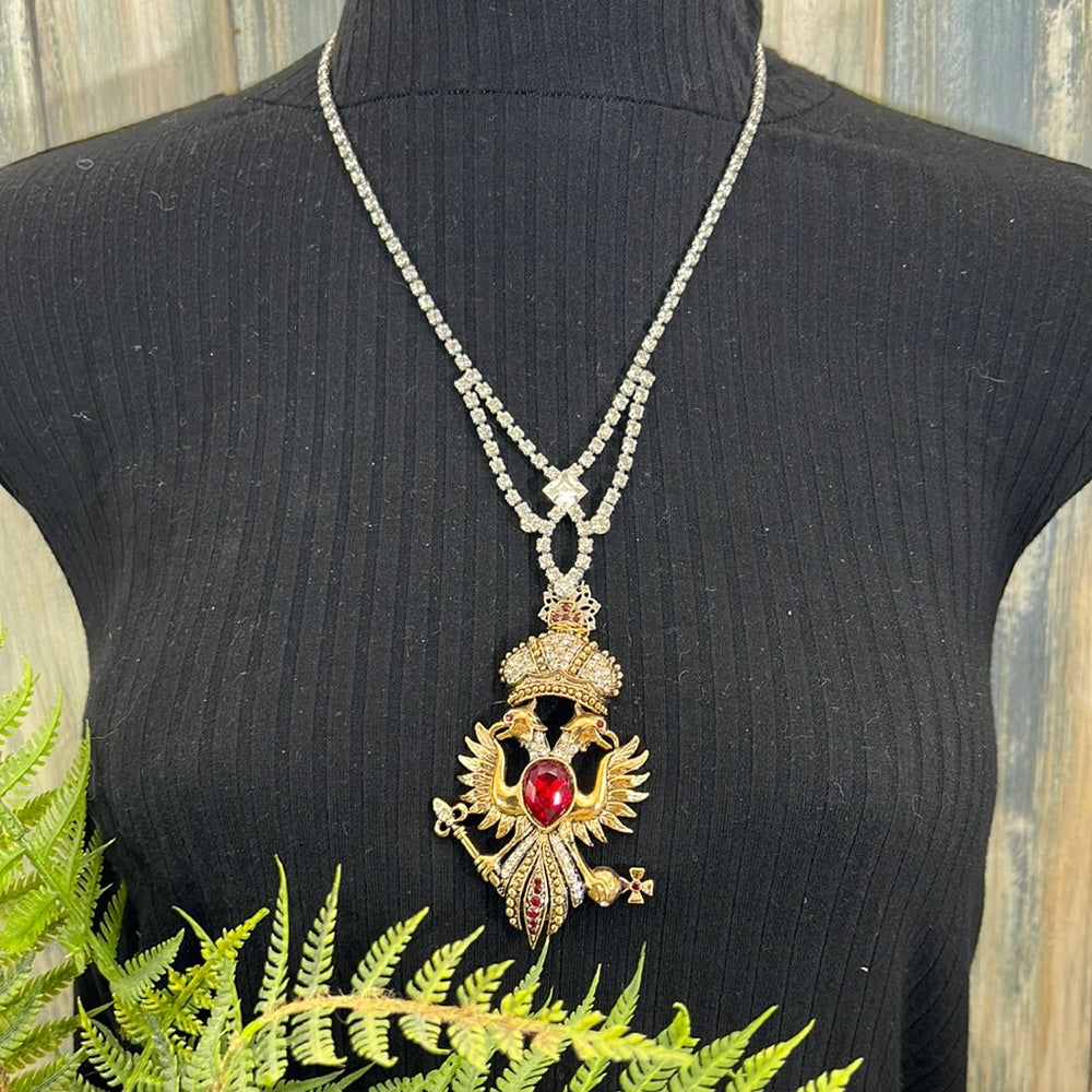 Adorned Crown Artisan Assemblage red eagle crest rhinestone necklace