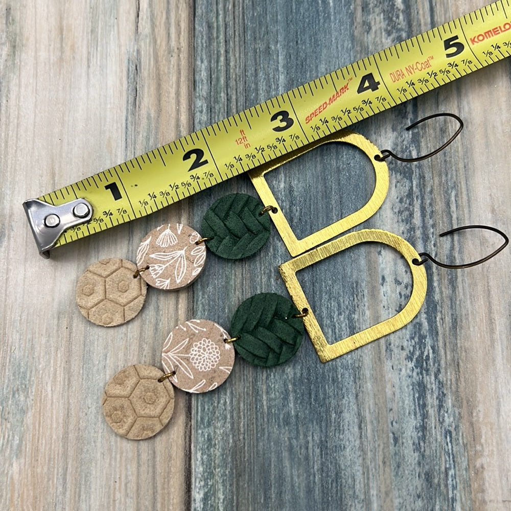 Adorned Crown Artisan Assemblage green leather brushed brass arch earrings