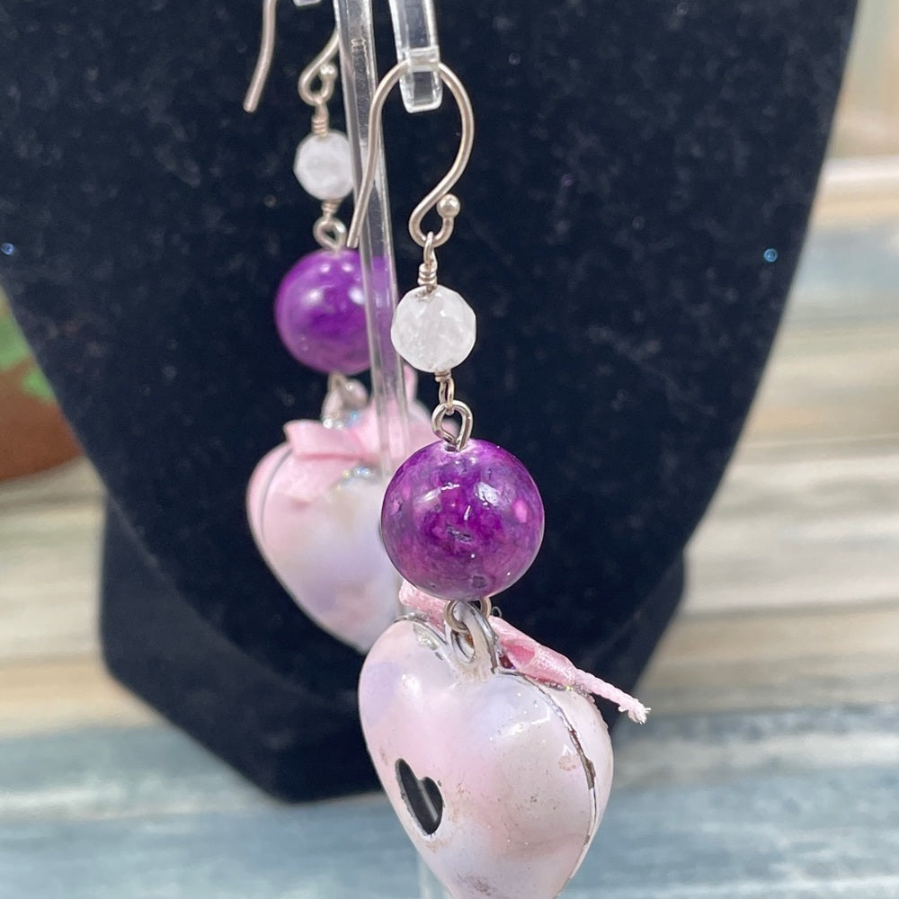 Adorned Crown enamel pink puffy heart bead earrings