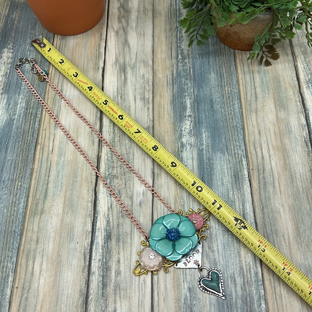 Adorned Crown Jewelry assemblage BLOOM enamel flower heart necklace