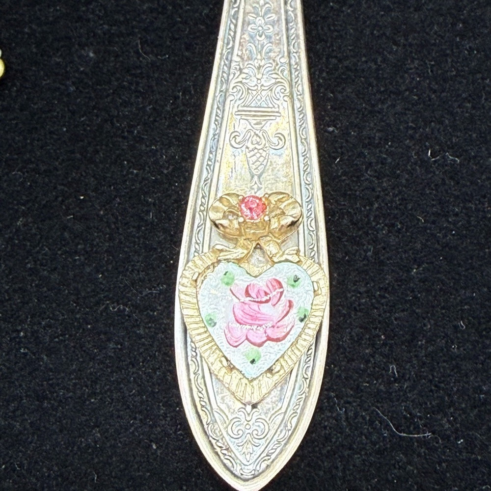Adorned Crown Jewelry assemblage pink cloisonné crystal bead spoon necklace