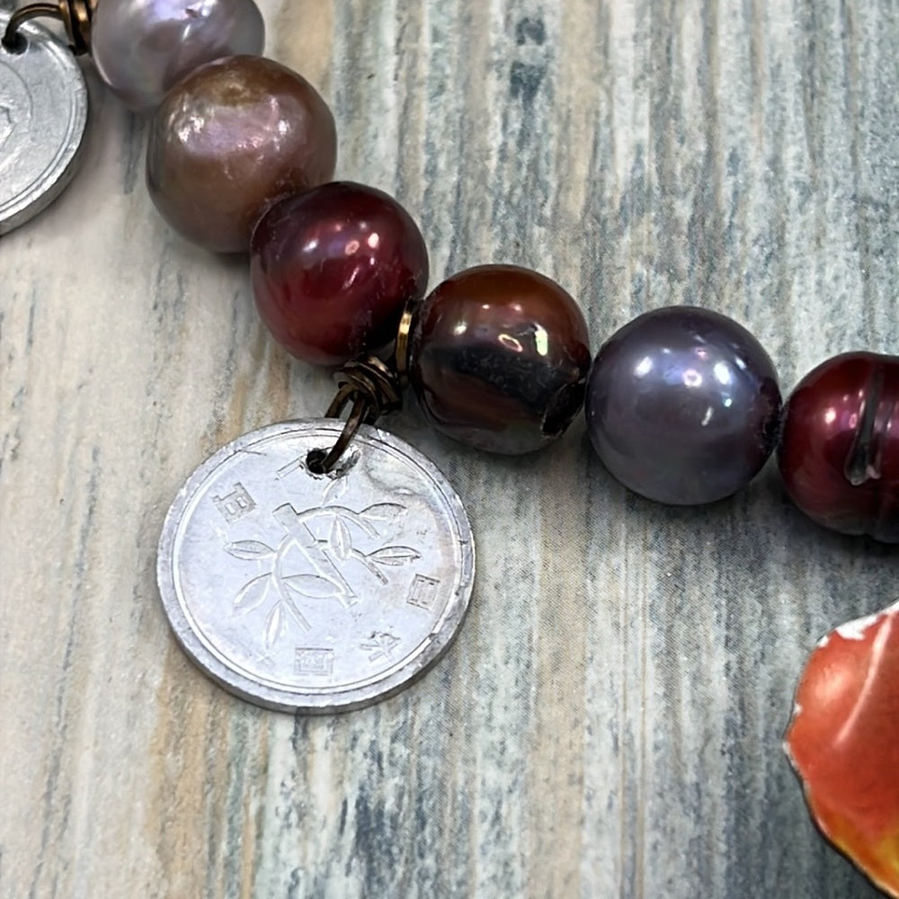 Adorned Crown Artisan Assemblage Tahitian Pearl coins enamel flower necklace