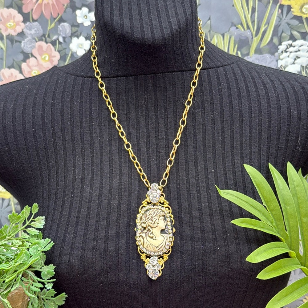 Adorned Crown Jewelry filigree resin cameo rhinestone pendant necklace