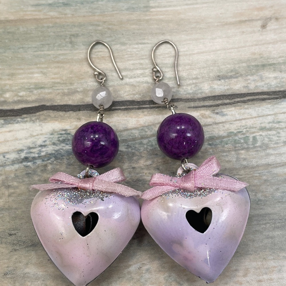 Adorned Crown enamel pink puffy heart bead earrings