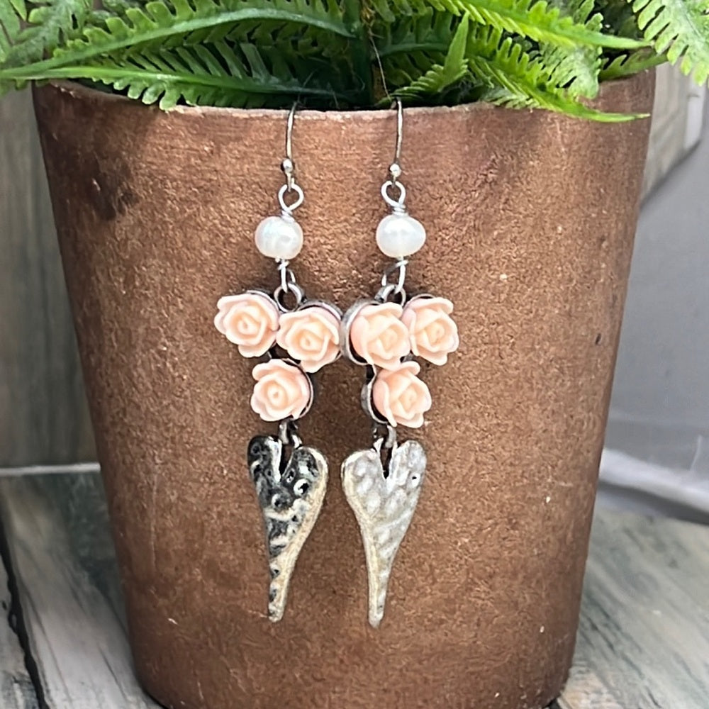 Adorned Crown Artisan Assemblage peach rose hammered heart Pearl earrings