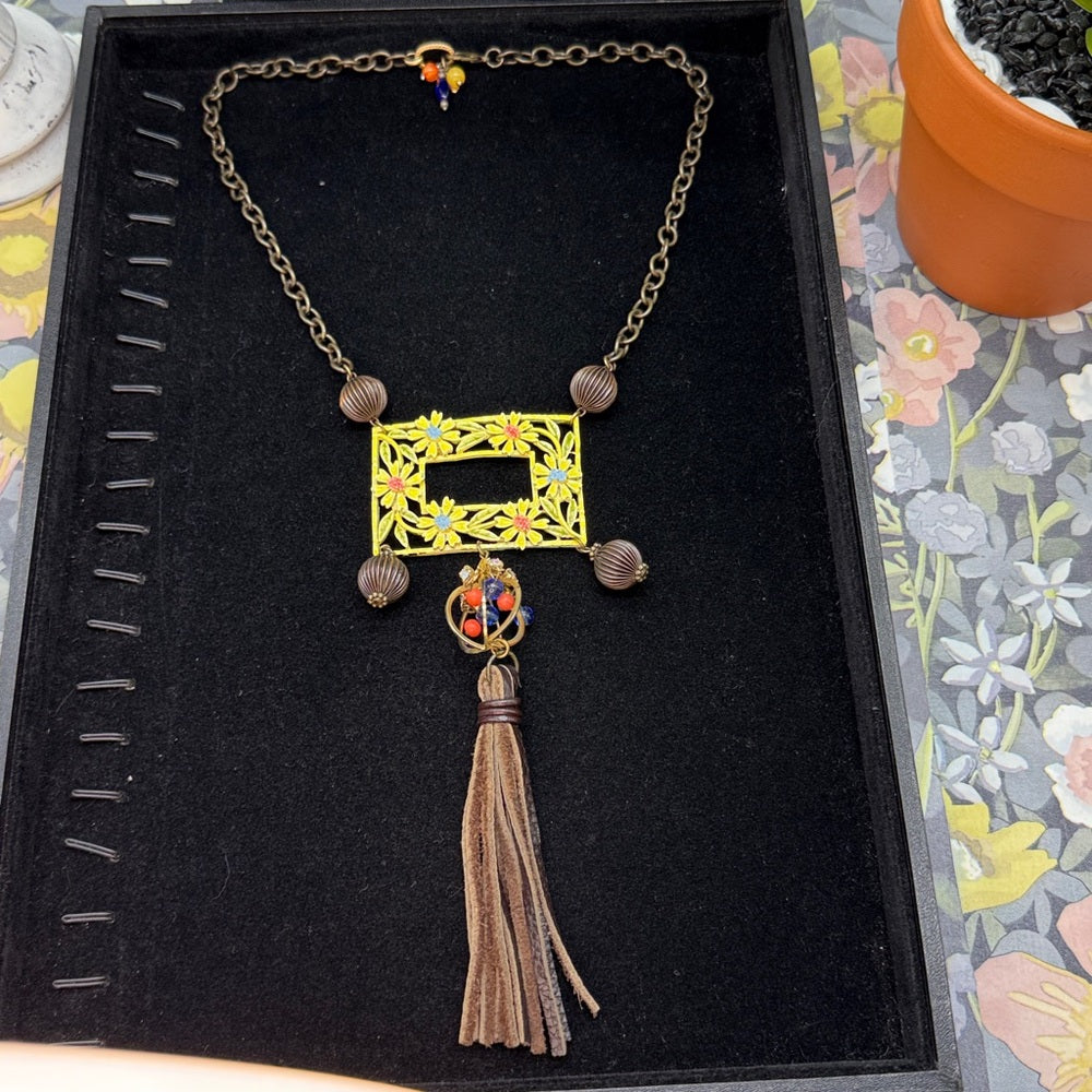 Adorned Crown Jewelry assemblage yellow frame flower necklace