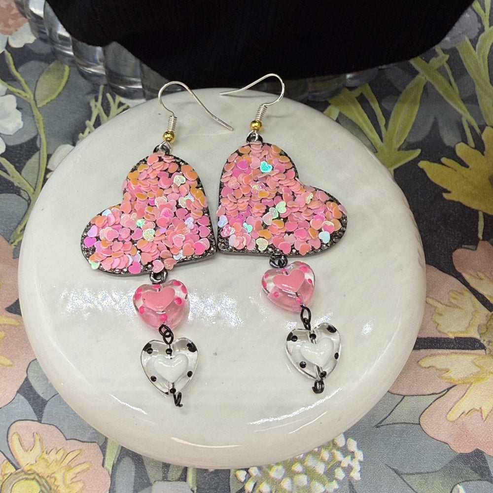 Adorned Crown Jewelry pink heart glitter Valentine's Day earrings