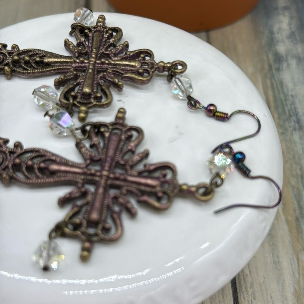 Adorned Crown Jewelry assemblage patina cross and crystal Earrings