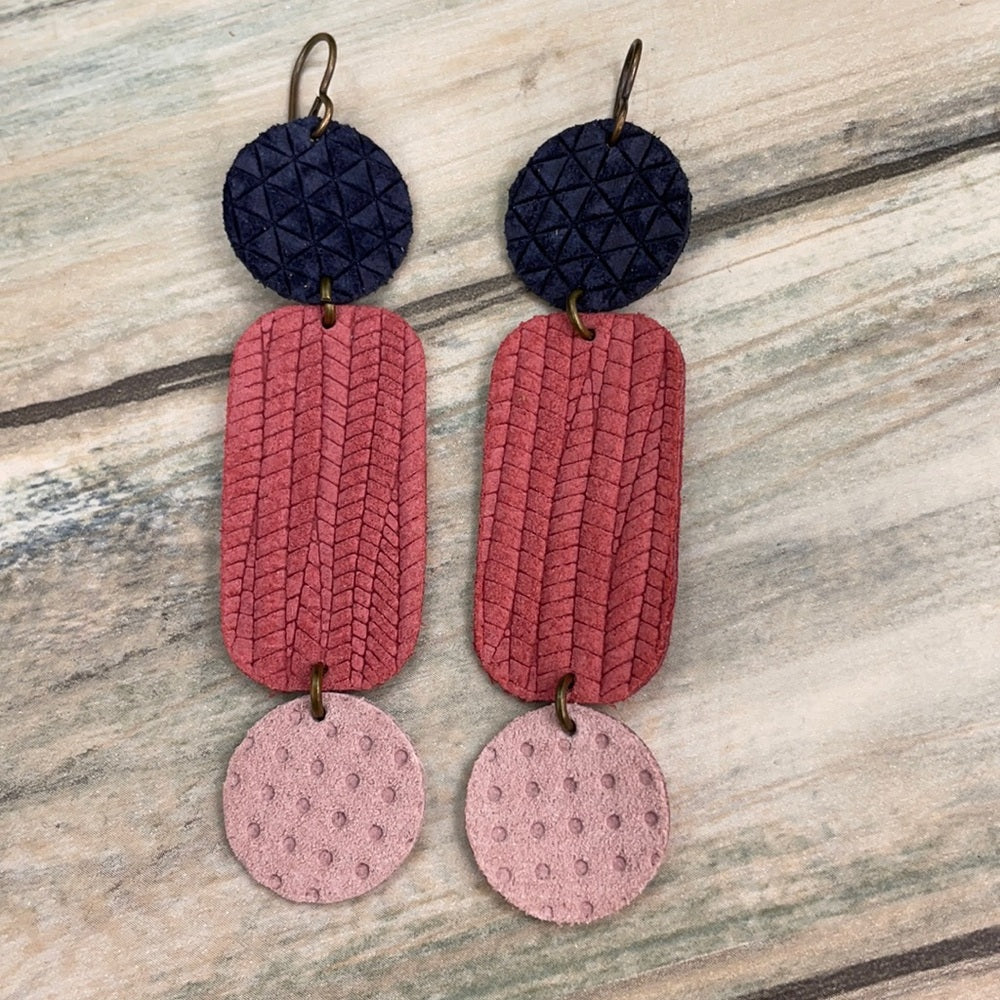 Adorned Crown geo triple leather pink blue drop earrings