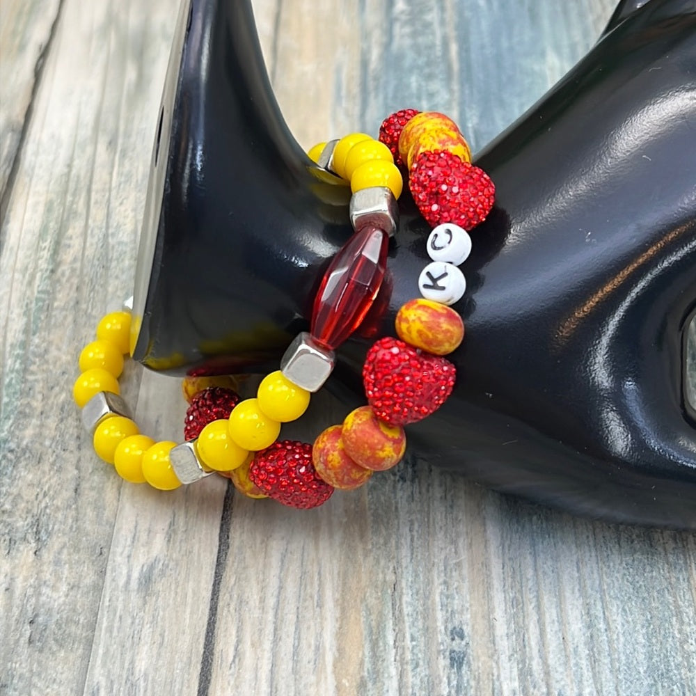 Adorned Crown Kansas City Chiefs KC football red gold stretch bracelet set G