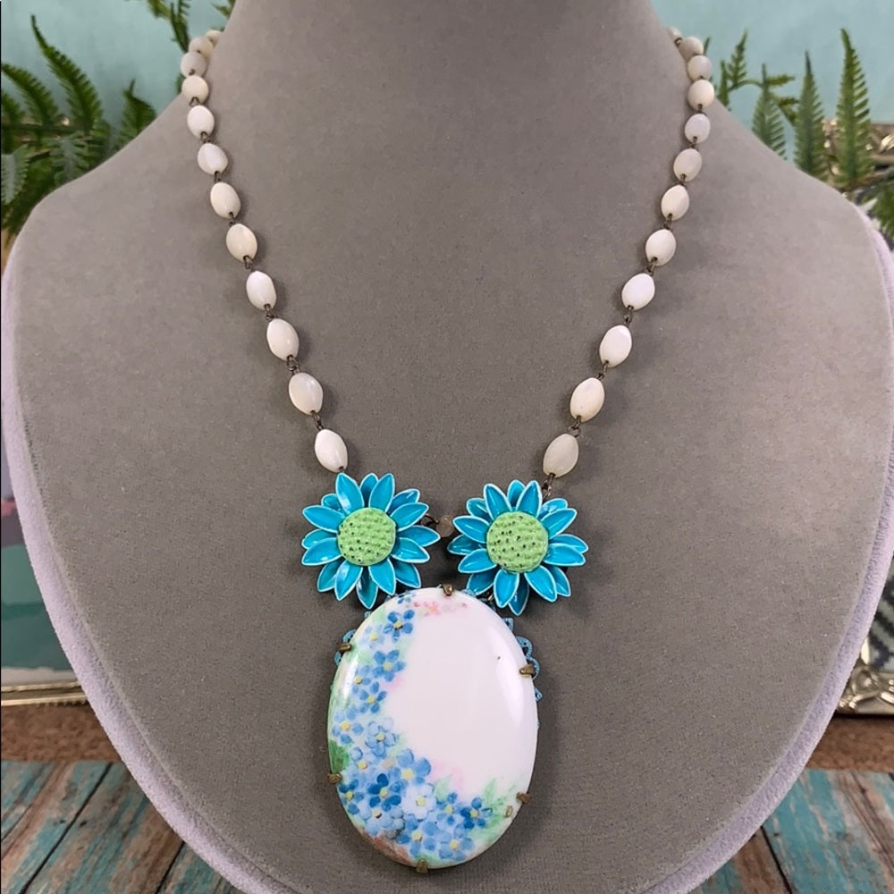 Adorned Crown artisan assemblage blue painted flower rosary bead necklace