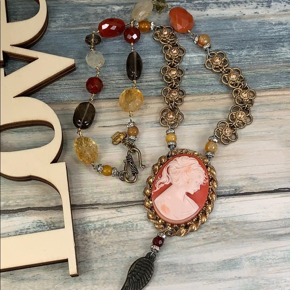 Adorned Crown artisan assemblage cameo citrine carnelian bead necklace