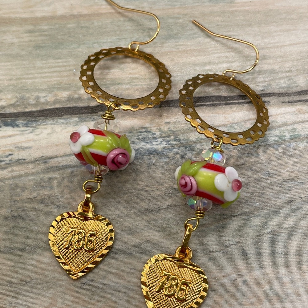 Adorned Crown lamp work floral bead heart charm earrings