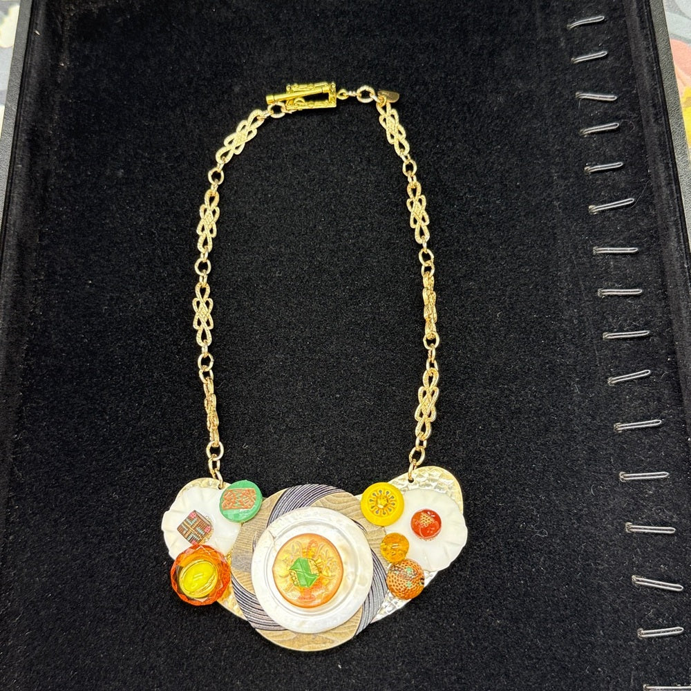 Adorned Crown Jewelry assemblage vintage button bib yellow green necklace