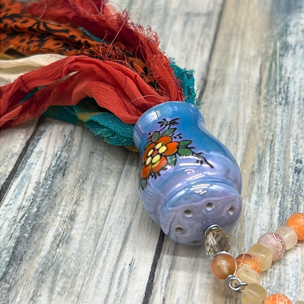 Adorned Crown Jewelry assemblage ceramic shaker tassel stone bead necklace