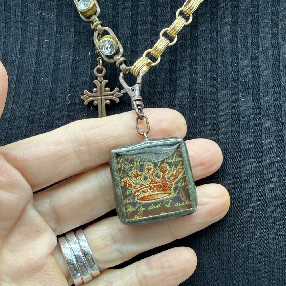 Adorned Crown Jewelry assemblage bezel red crown mix metal dual side necklace