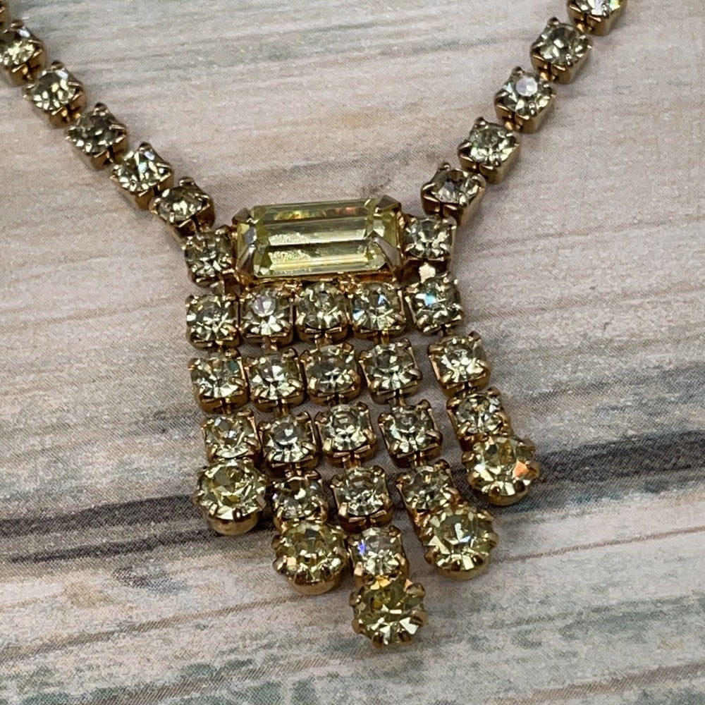 Adorned Crown artisan assemblage vintage yellow petite rhinestone necklace