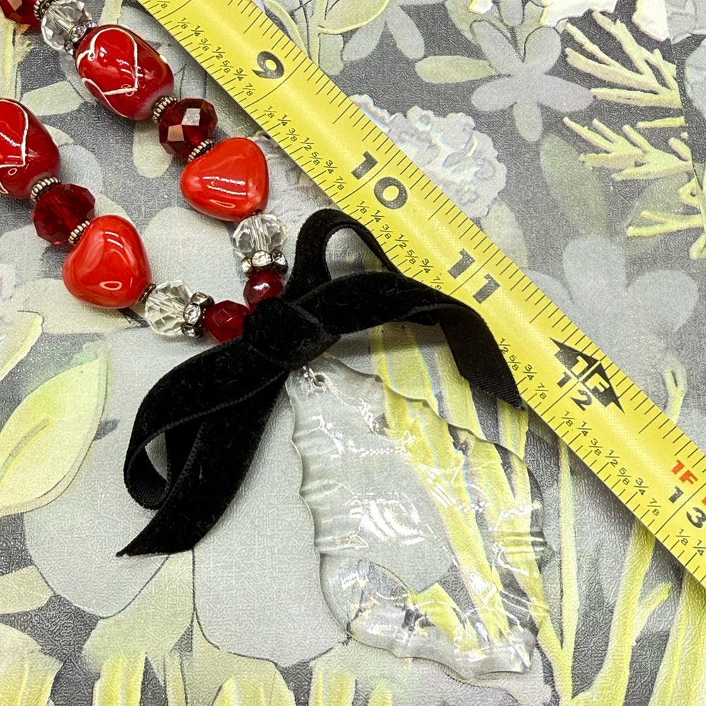 Adorned Crown Jewelry assemblage red heart bead crystal drop ribbon necklace