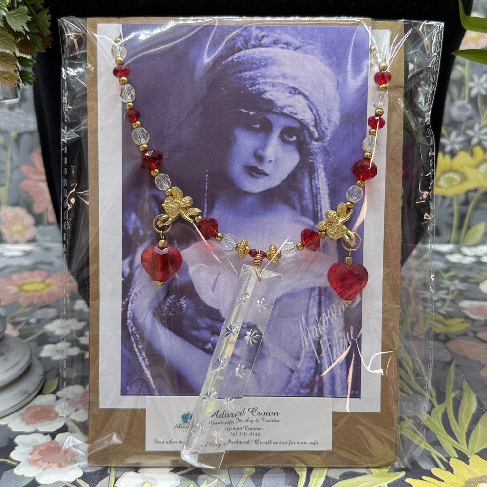 Adorned Crown Jewelry assemblage glass crystal red bead cherub necklace