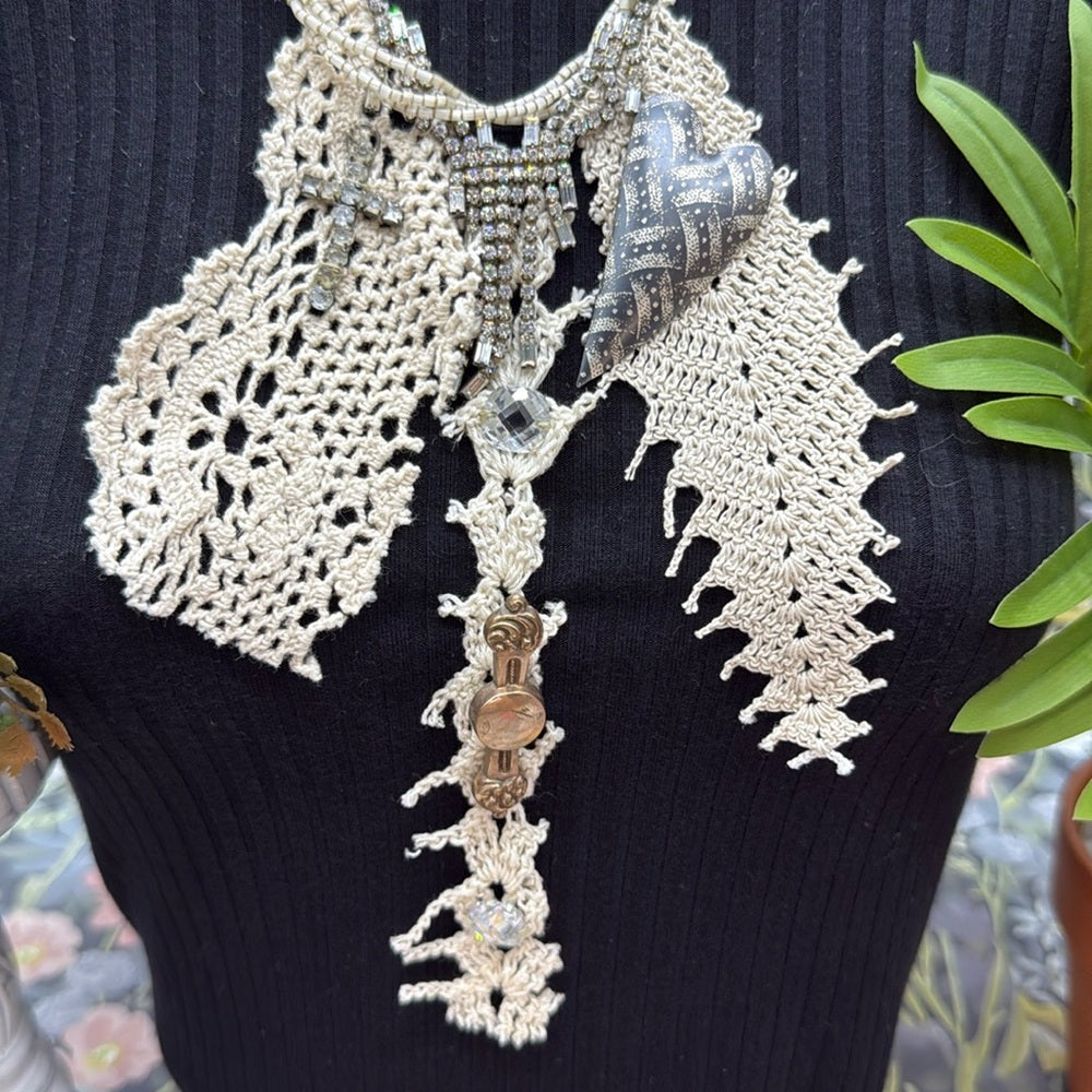 Adorned Crown Jewelry assemblage tattered lace and rhinestone necklace