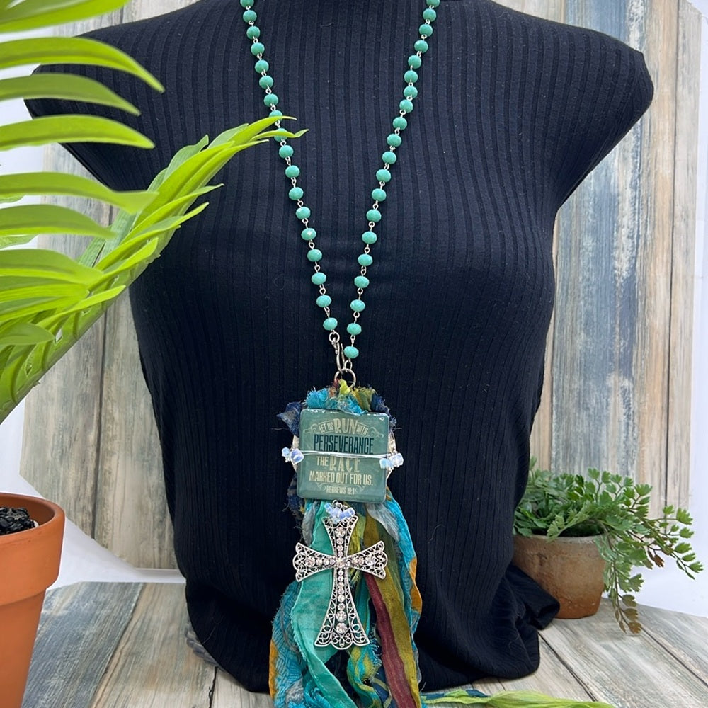 Adorned Crown Jewelry assemblage perseverance run race tassel cross necklace