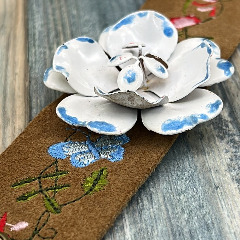 Adorned Crown Artisan Assemblage embroidered leather enamel flower bracelet