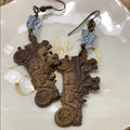 Adorned Crown artisan assemblage Vintage brass cars blue bead earrings