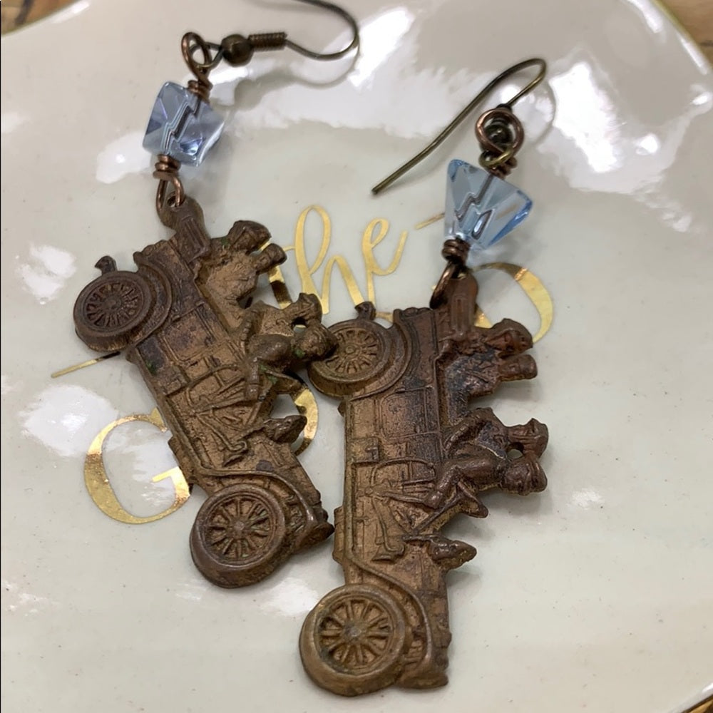 Adorned Crown artisan assemblage Vintage brass cars blue bead earrings