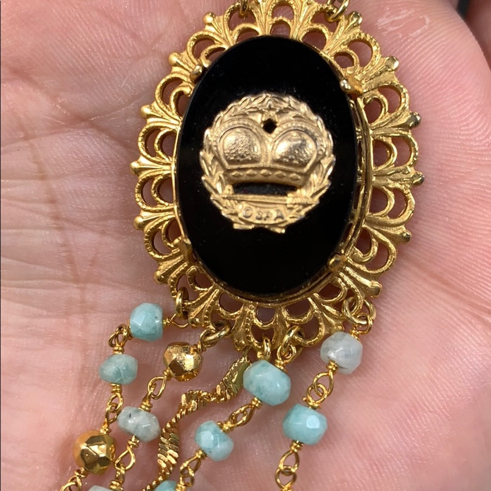 Adorned Crown artisan assemblage aquamarine bead jet black crown necklace