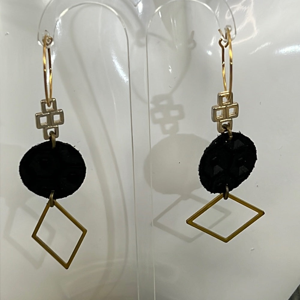 2 pair Adorned Crown Artisan Assemblage leather gray gold charm earrings