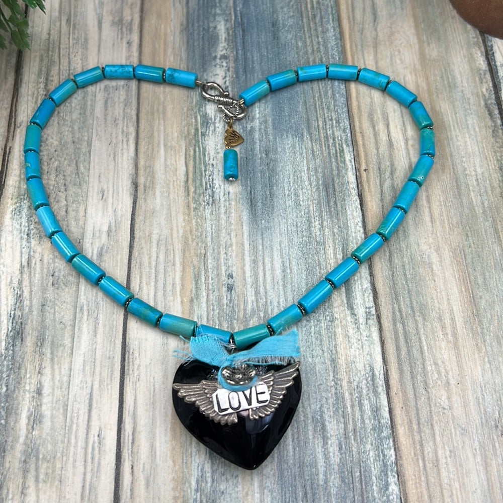 Adorned Crown Artisan Assemblage black heart turquoise love necklace