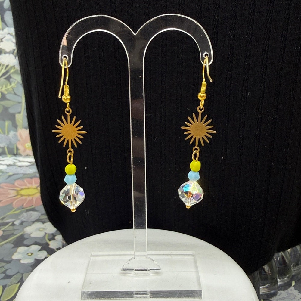 Adorned Crown Jewelry assemblage vintage Crystal sun burst blue green earrings