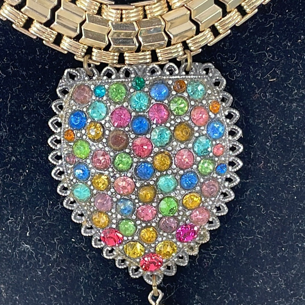 Adorned Crown Artisan assemblage wide golden collar rhinestone necklace