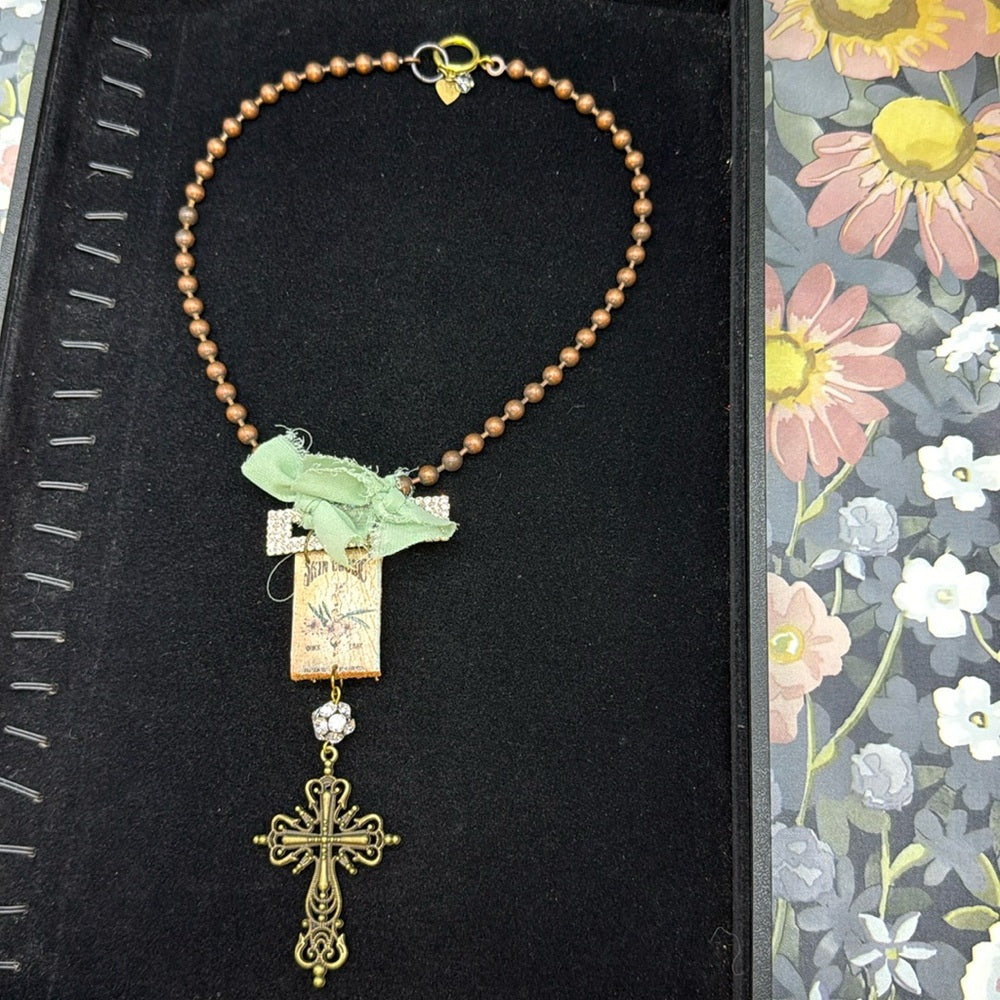 Adorned Crown Jewelry assemblage rhinestone leather ribbon cross necklace