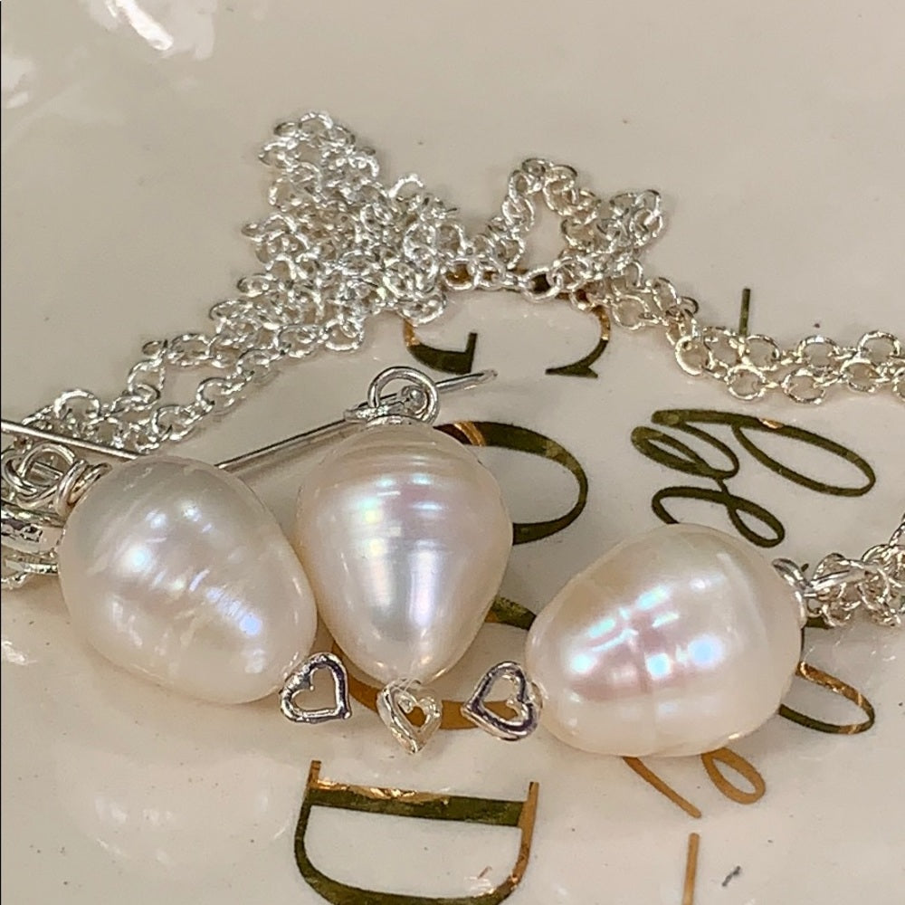 Adorned Crown pearl sterling silver heart set (1) necklace and earrings