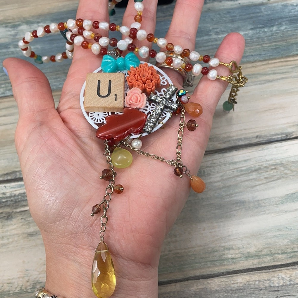 Adorned Crown artisan assemblage letter U scrabble tile cluster necklace