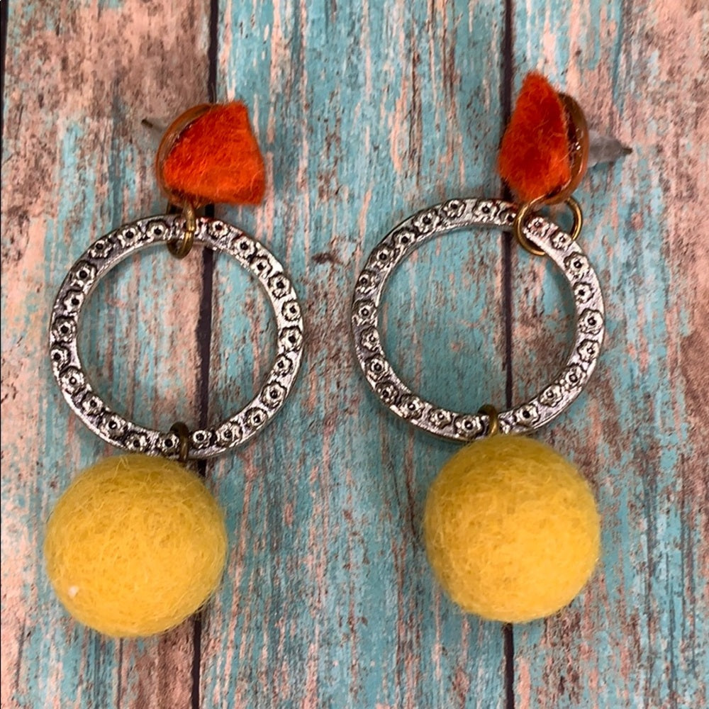 Adorned Crown artisan assemblage wool ball geometric textile earrings